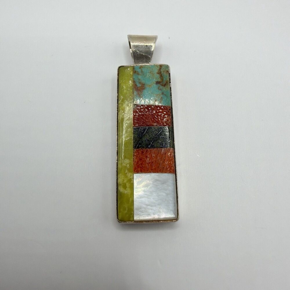 925 Sterling Silver Multicolor Stone Mosaic Inlay Pendant Southwestern 4.7g